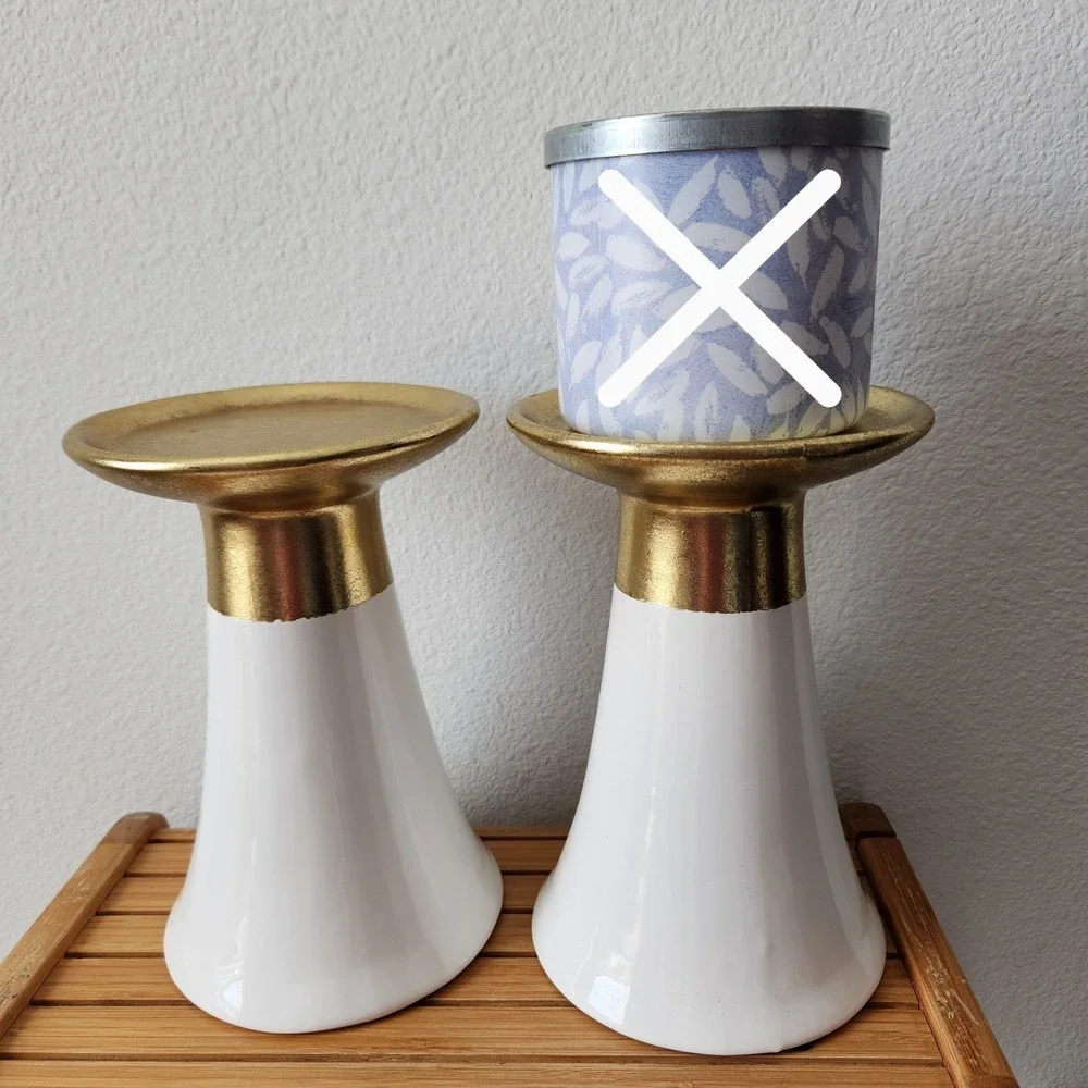 Christmas 2016 Hobby Lobby Gold White Pedestal Pillar‎ Candle Holders Set Of 2